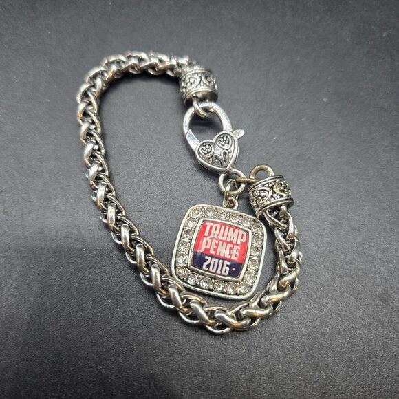 Trump Pence 2016 Campaign Charm Bracelet Women Silver Tone Rhinestone MAGA - Picture 2 of 5